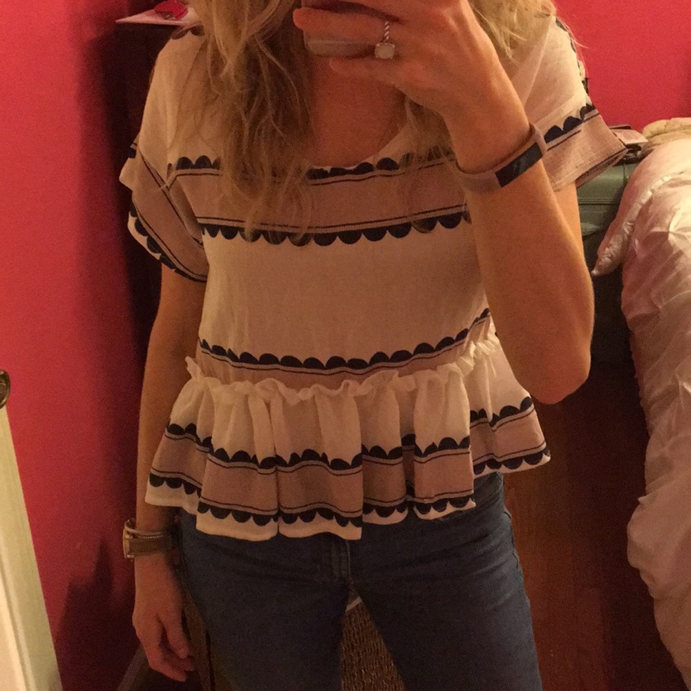 Navy, blush and white top